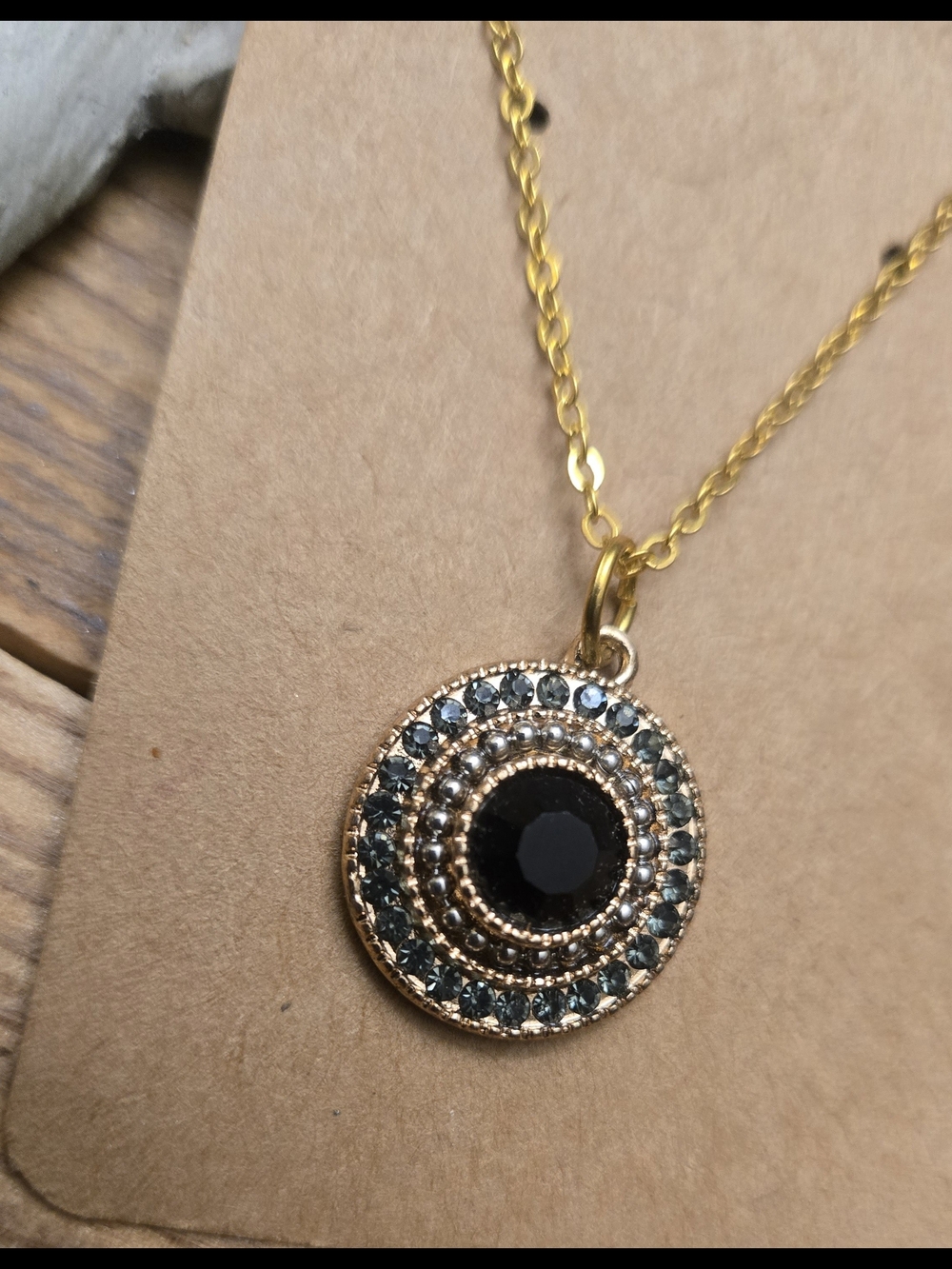 Gold Plated Pendant Necklace with Black and Dark Blue Stones